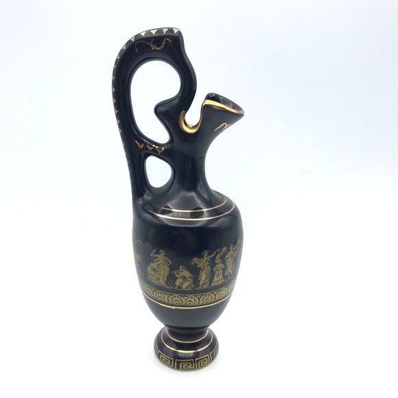 KE Greece Handmade Pottery Pitcher Vase Greek Gods Mythology 24k Gold Gilt Trim - Picture 1 of 7